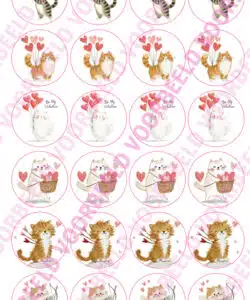 Eetbare Cupcakeprint Valentijn Poesjes  - 24 cupcake rondjes