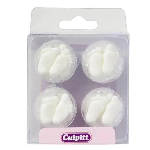 Culpitt suikerdecoratie baby voetjes wit pk/24 bij cake, bake & love 3 Culpitt suikerdecoratie baby voetjes wit pk/24