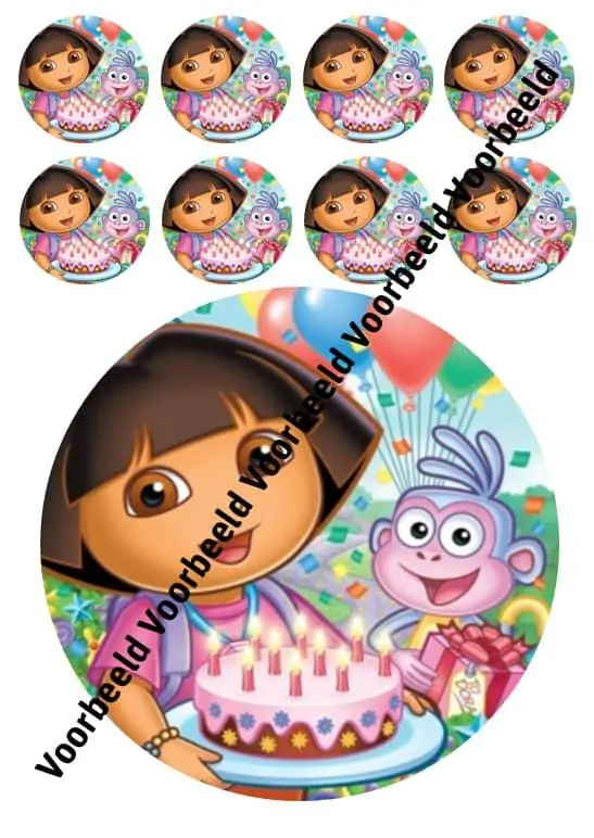 Eetbare taartprint dora - 18 cm rond rond + 8 cupcake rondjes bij cake, bake & love 3 Dora 18 cm rond + 8 cupcakes