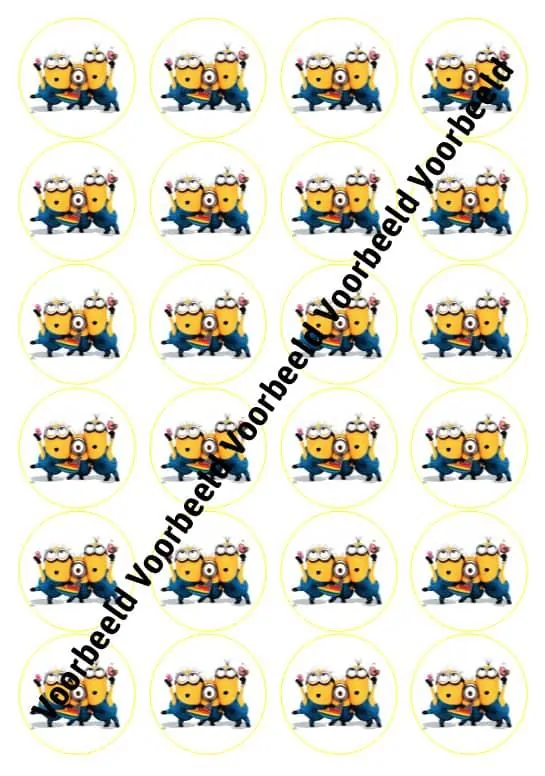 Eetbare cupcakeprint minions 1 - 24 cupcake rondjes bij cake, bake & love 3 Minions 1 24 cupcakes