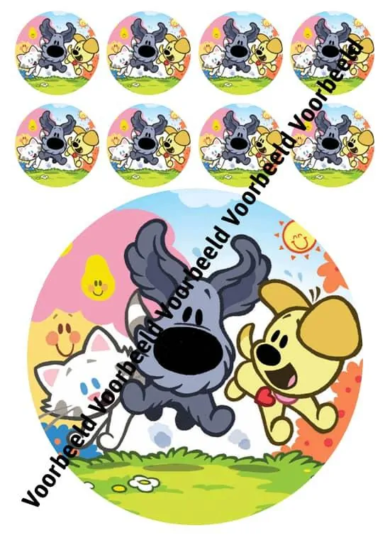Eetbare taartprint woezel en pip 1 - 18 cm rond rond + 8 cupcake rondjes bij cake, bake & love 3 Woezel en pip 18 cm rond + 8 cupcakes
