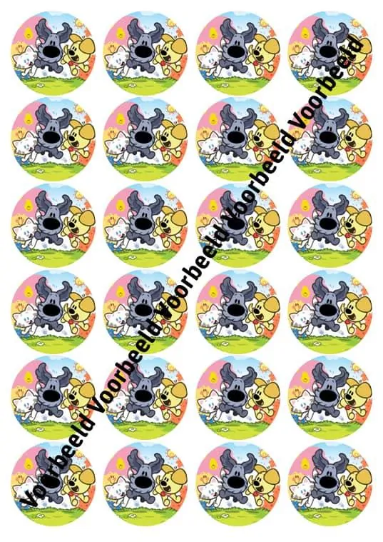 Eetbare cupcakeprint woezel en pip 1 - 24 cupcake rondjes bij cake, bake & love 3 Woezel en pip 24 cupcakes