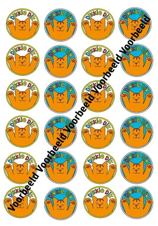 Eetbare cupcakeprint dikkie dik - 24 cupcake rondjes bij cake, bake & love 3 Dikkie dik 24 cupcakes