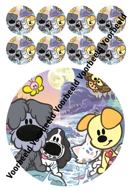 Eetbare taartprint woezel en pip film - 18 cm rond rond + 8 cupcake rondjes bij cake, bake & love 3 Woezel en pip film 18 cm rond + 8 cupcakes