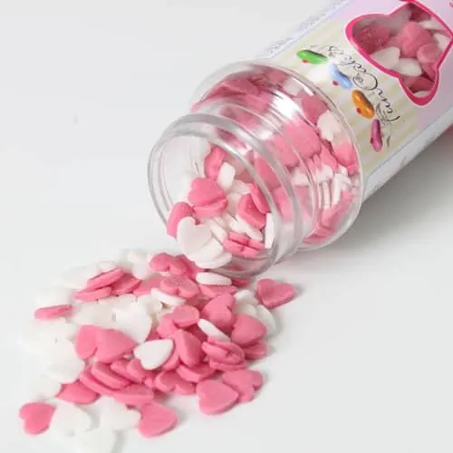 Pakketproduct: aantal kleine fc suikerhartjes wit/roze bij cake, bake & love 5 Funcakes hartjes rozewit 60g (2)