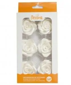 Suikerdecoratie 6 witte grote rozen