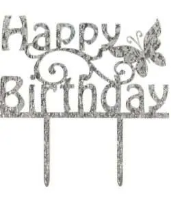 Cake Star Caketopper Acryl zilver Happy Birthday
