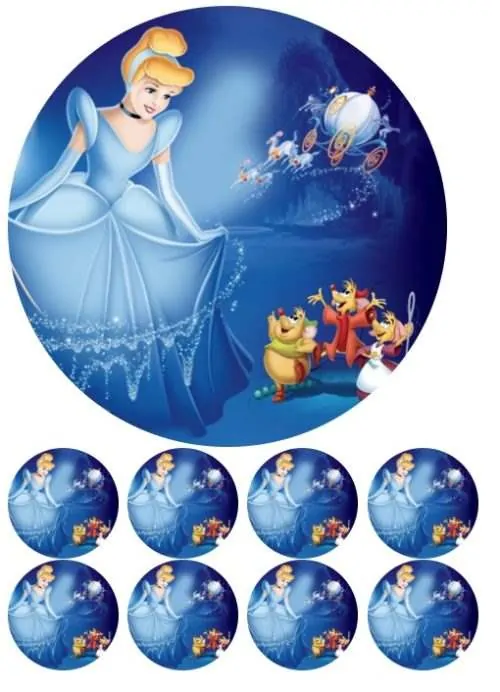 Eetbare taartprint assepoester - 18 cm rond + 8 cupcake rondjes