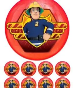 Eetbare Taartprint Brandweerman Sam 1 - 18 cm rond + 8 cupcake rondjes