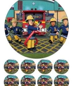 Eetbare Taartprint Brandweerman Sam 2 - 18 cm rond + 8 cupcake rondjes