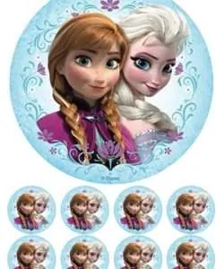 Eetbare Taartprint Frozen Elsa & Anna 3 - 18 cm rond + 8 cupcake rondjes
