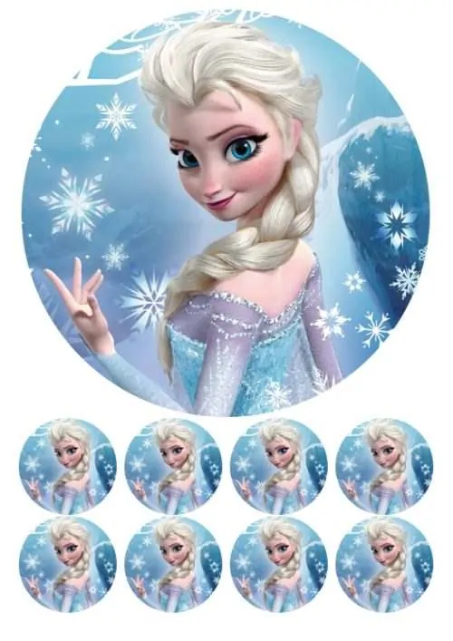 Eetbare taartprint frozen elsa 4 - 18 cm rond + 8 cupcake rondjes