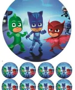 Eetbare Taartprint PJ Masks - 18 cm rond + 8 cupcake rondjes