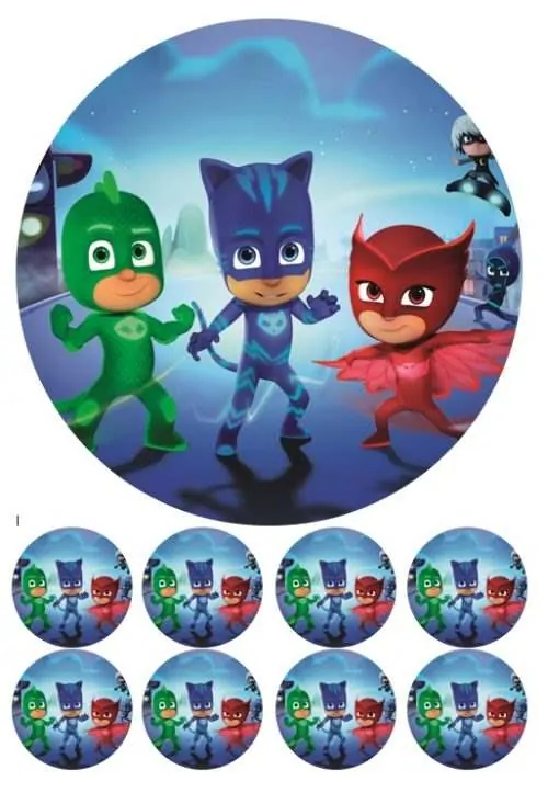 Eetbare taartprint pj masks - 18 cm rond + 8 cupcake rondjes
