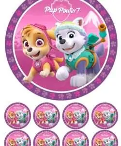 Eetbare Taartprint Paw Patrol Skye 1 - 18 cm rond + 8 cupcake rondjes