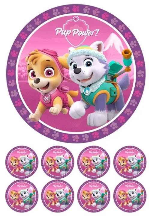 Eetbare taartprint paw patrol skye 1 - 18 cm rond + 8 cupcake rondjes
