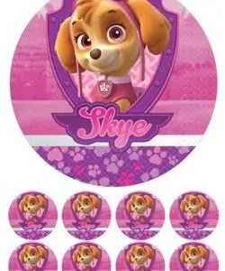 Eetbare Taartprint Paw Patrol Skye 3 - 18 cm rond + 8 cupcake rondjes