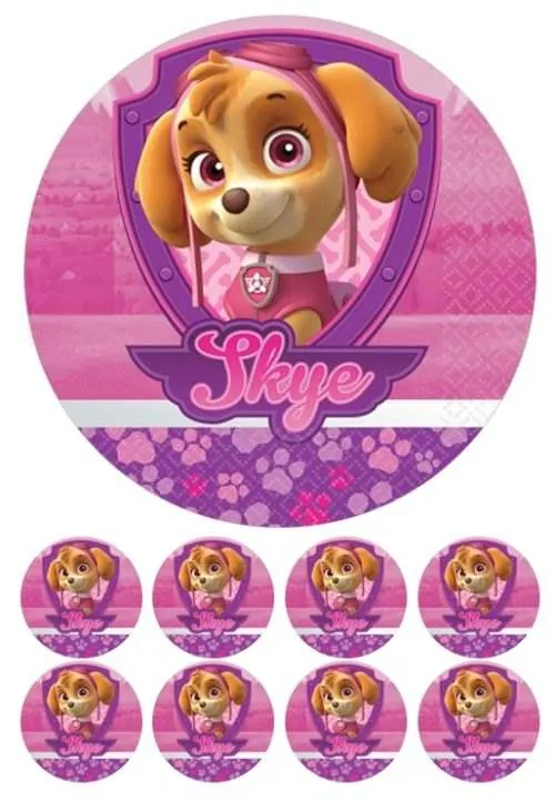 Eetbare taartprint paw patrol skye 3 - 18 cm rond + 8 cupcake rondjes