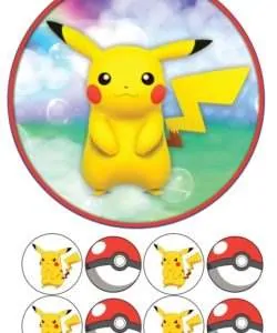 Eetbare Taartprint Pokémon Pikachu - 18 cm rond + 8 cupcake rondjes