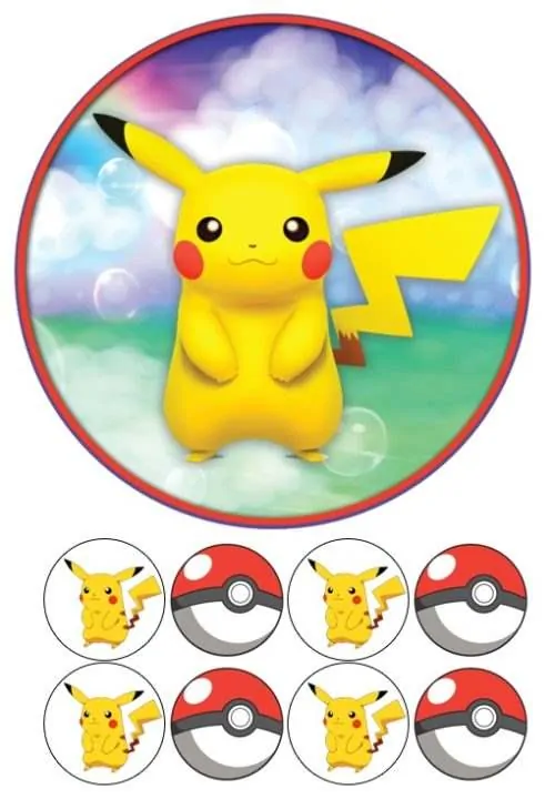 Eetbare taartprint pokémon pikachu - 18 cm rond + 8 cupcake rondjes