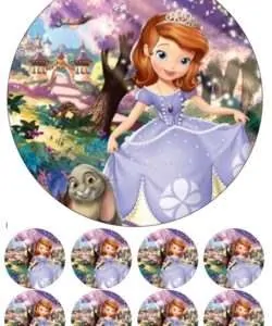 Eetbare Taartprint Prinses Sofia 1 - 18 cm rond + 8 cupcake rondjes