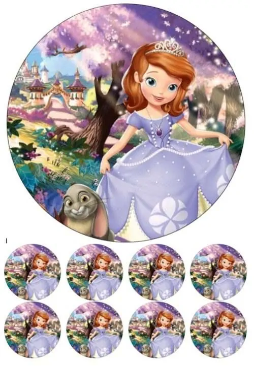 Eetbare taartprint prinses sofia 1 - 18 cm rond + 8 cupcake rondjes