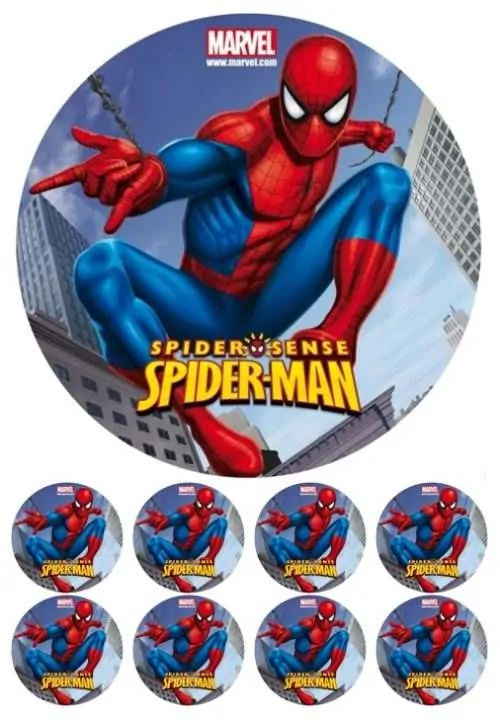Eetbare taartprint spiderman 1 - 18 cm rond + 8 cupcake rondjes