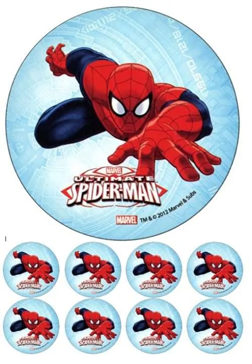 Eetbare taartprint spiderman 2 - 18 cm rond + 8 cupcake rondjes