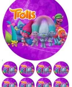Eetbare Taartprint Trolls 1 - 18 cm rond + 8 cupcake rondjes