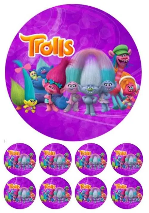 Eetbare taartprint trolls 1 - 18 cm rond + 8 cupcake rondjes