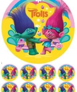 Eetbare Taartprint Trolls 2 - 18 cm rond + 8 cupcake rondjes