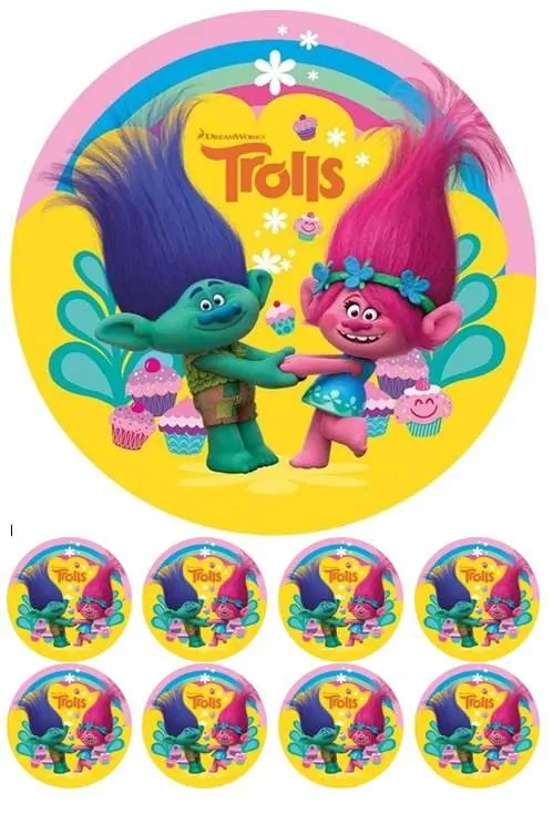 Eetbare taartprint trolls 2 - 18 cm rond + 8 cupcake rondjes bij cake, bake & love 5 Eetbare taartprint trolls 2 - 18 cm rond + 8 cupcake rondjes