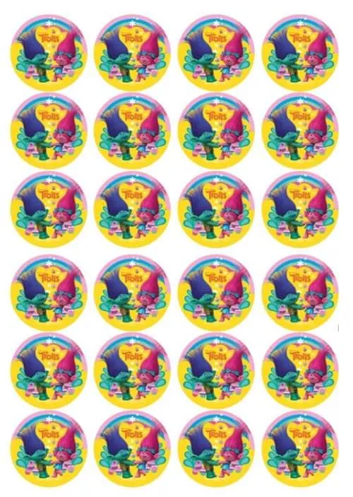 Eetbare cupcakeprint trolls 2 - 24 cupcake rondjes
