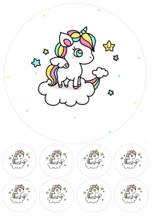 Eetbare taartprint unicorn 1 - 18 cm rond + 8 cupcake rondjes