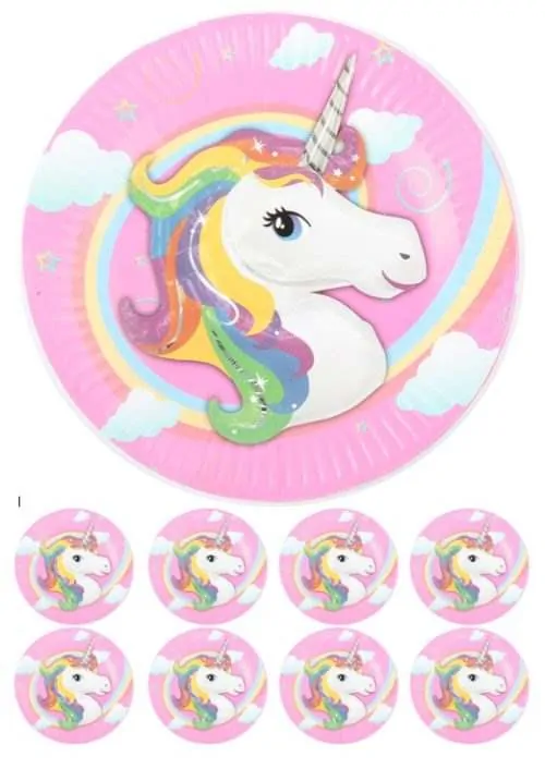 Eetbare taartprint unicorn 2 - 18 cm rond + 8 cupcake rondjes