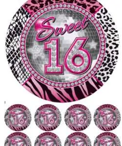 Eetbare Taartprint Sweet Sixteen - 18 cm rond + 8 cupcake rondjes