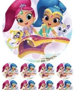 Eetbare Taartprint Shimmer & Shine - 18 cm rond + 8 cupcake rondjes