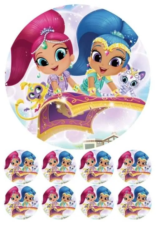 Eetbare taartprint shimmer & shine - 18 cm rond + 8 cupcake rondjes