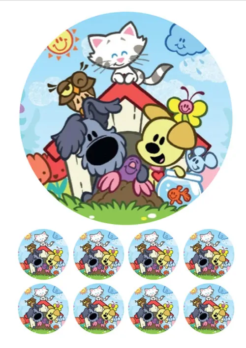 Eetbare taartprint woezel en pip 3 - 18cm + 8 cupcake rondjes