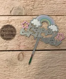 Cake Topper Acryl zilver Happy Birthday Regenboog