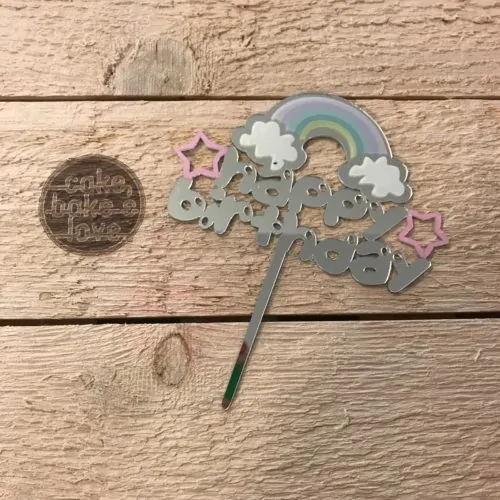 Cake topper acryl zilver happy birthday regenboog