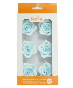 Suikerdecoraties 6 grote licht blauwe rozen 5 cm