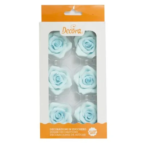 Suikerdecoraties 6 grote licht blauwe rozen 5 cm