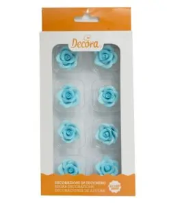 Suikerdecoraties 8 licht blauwe rozen 2 cm