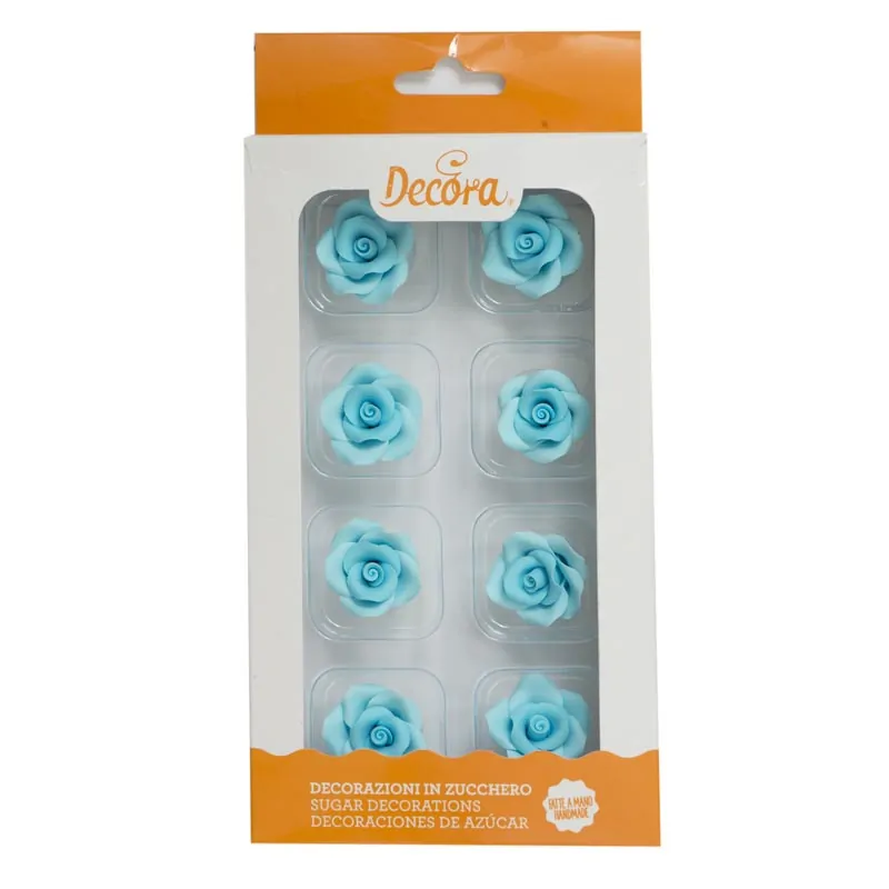 Suikerdecoraties 8 licht blauwe rozen 2 cm bij cake, bake & love 4 Suikerdecoraties 8 licht blauwe rozen 2 cm
