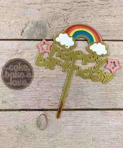 Cake Topper Acryl goud Happy Birthday Regenboog