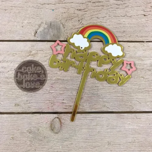 Cake topper acryl goud happy birthday regenboog