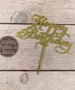 Caketopper Happy Birthday tekst goud - sierlijk