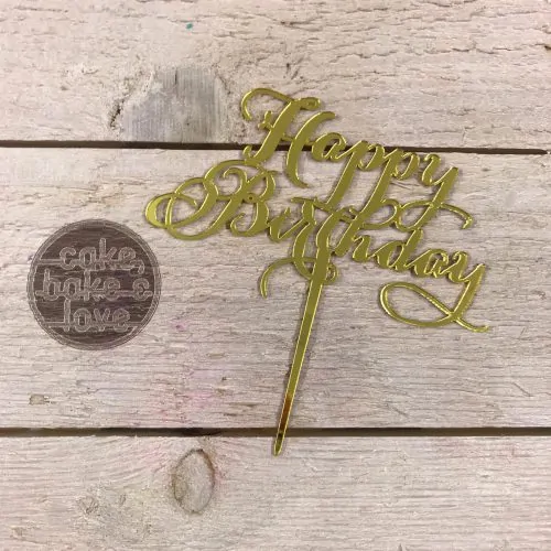 Caketopper happy birthday tekst goud - sierlijk
