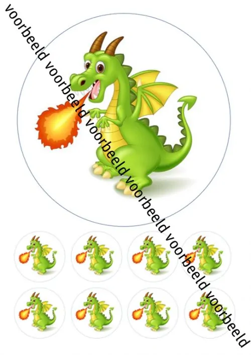 Eetbare taartprint draak - 18 cm rond + 8 cupcake rondjes